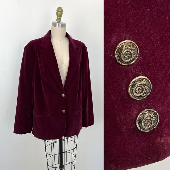 Vintage Burgundy Velvet Blazer Jacket Womens Large Decorative Buttons Old Money - Picture 1 of 16